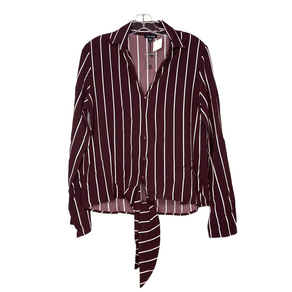 MITTOSHOP Blouse Women Medium Burgunfy Striped Button Front Top Tie Waist Collar